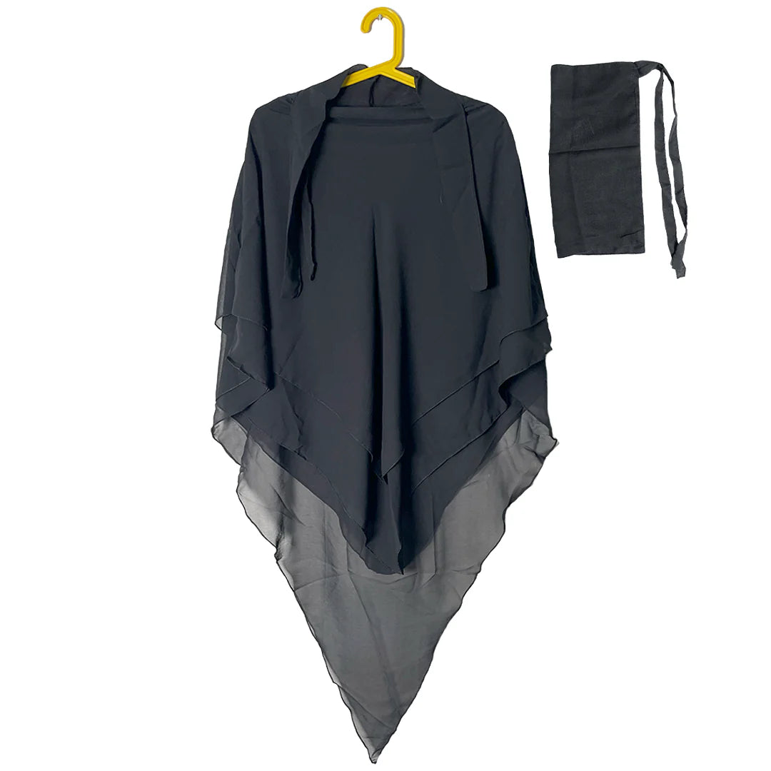 3 Layers Khimar with Tie-Back Niqab – Chiffon/Georgette - Black