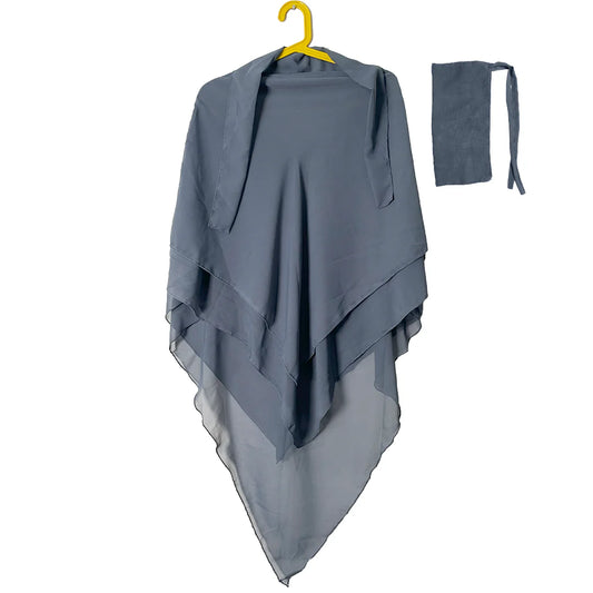 3 Layers Khimar with Tie-Back Niqab – Chiffon/Georgette - Gray