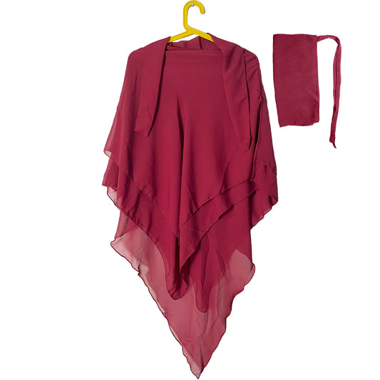 3 Layers Khimar with Tie-Back Niqab – Chiffon/Georgette - Red