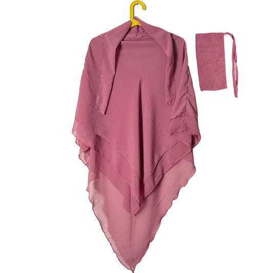 3 Layers Khimar with Tie-Back Niqab – Chiffon/Georgette - Pink